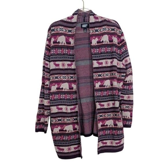 Lands End Fair Isle Cardigan Womens Size Large Purple Polar Bear Reindeer Cotton - Picture 1 of 11